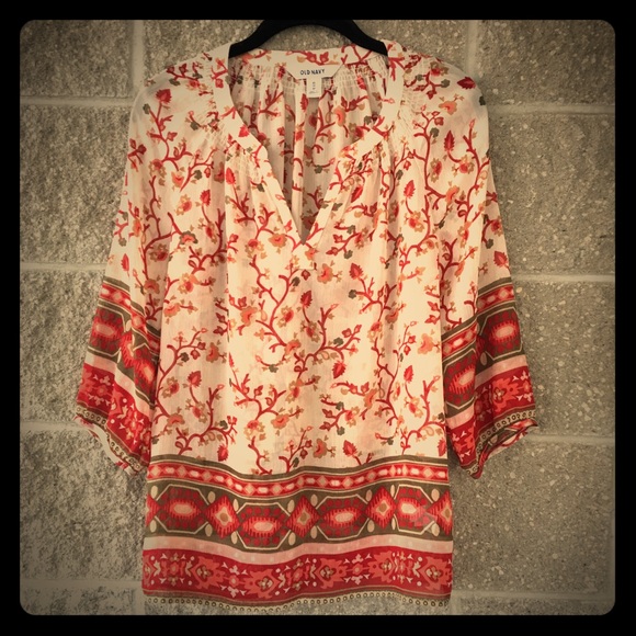 Old Navy Tops - ⭕️Sheer Colorful Peasant Style Blouse, OLD NAVY